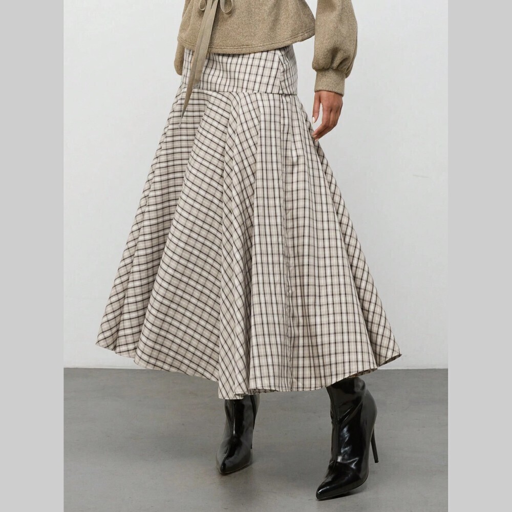 Tan Plaid High Waisted A-Line Maxi Skirt